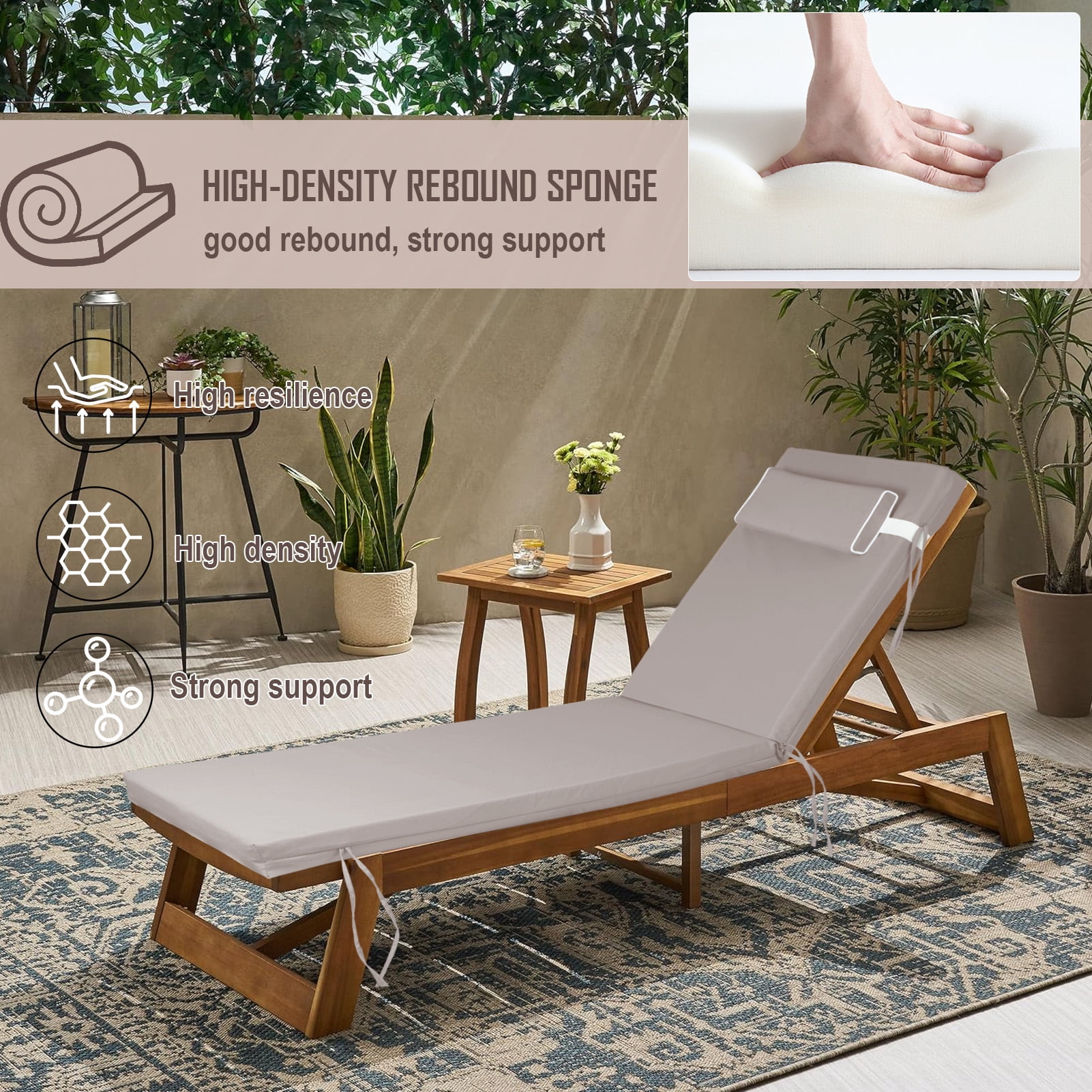 Outdoor Chaise Lounge Cushion with Adjustable Headrest and Straps
