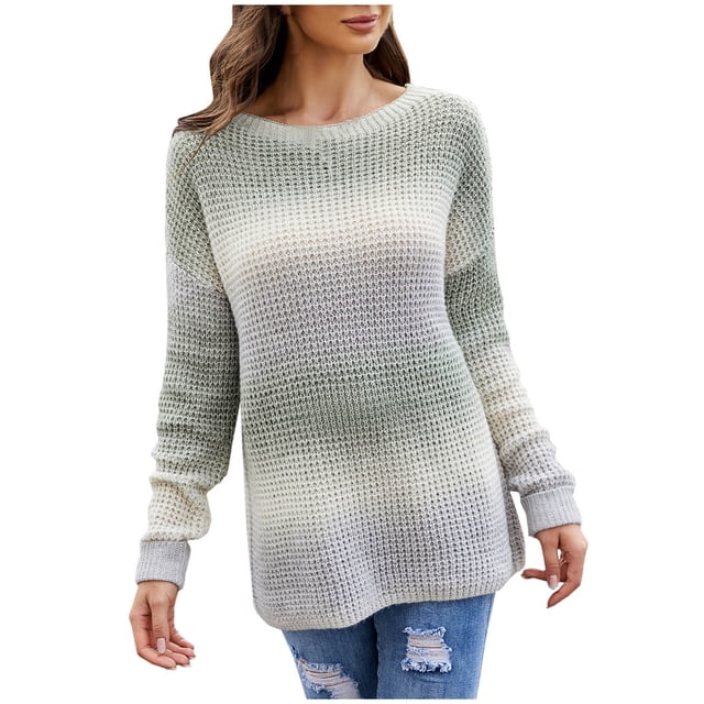 Yuyuzo Womens Crewneck Sweater Long Sleeve Eyelet Hole Gradient Color Knit Tops Fall Winter Pullover