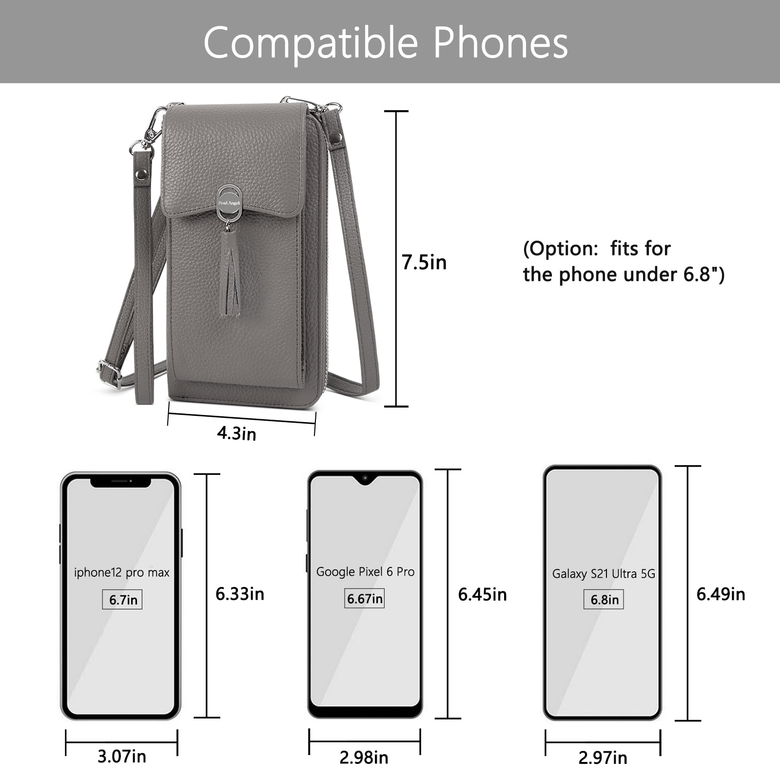Pearl Angeli Women's Leather Mobile Phone Crossbody Cell Phone Bag RFID (Grey)