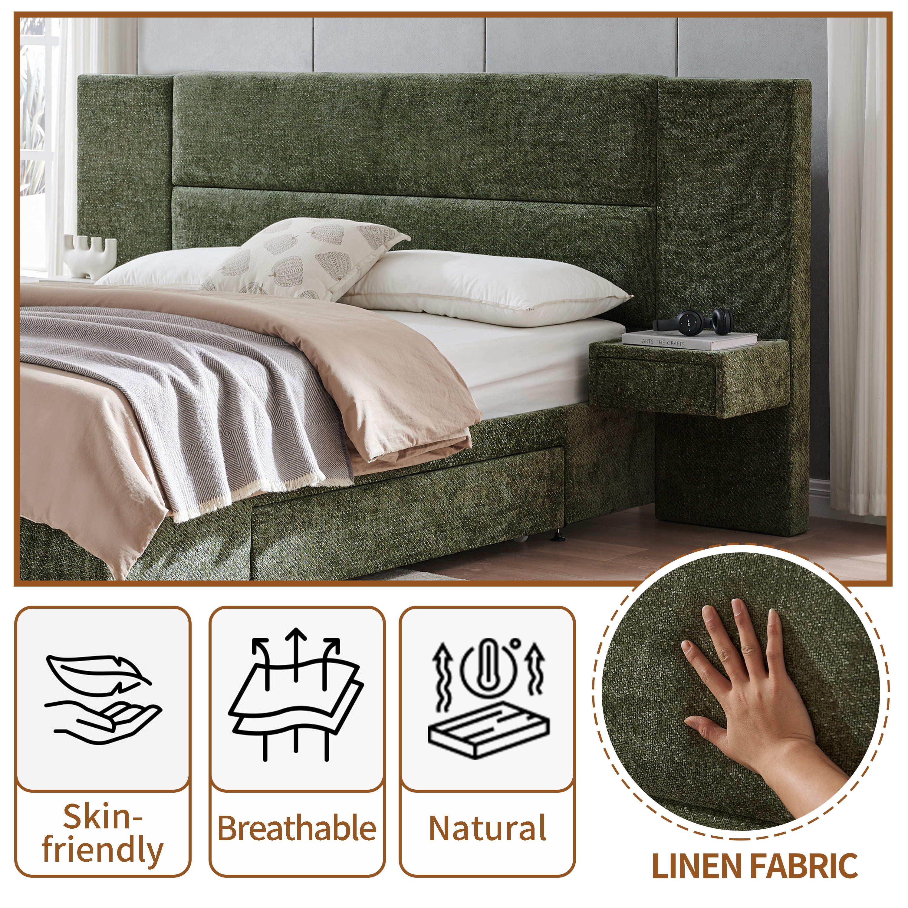 Queen Size Bed Frame Upholstered Platform Bed with Two Large Storage Drawers, Linen Fabric, Wooden Slat Support, Mattress Foundation, No Box Spring Needed, Noise-Free, Easy Assembly, Turtle