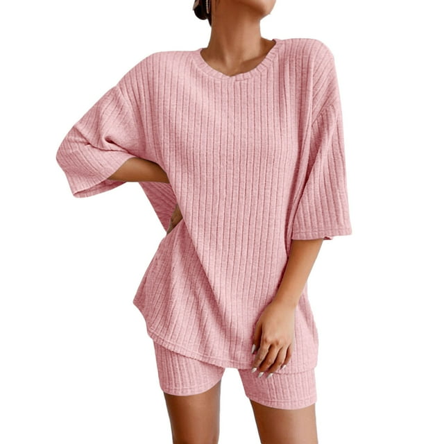 Ensemble Deux Pièces pour Femmes, Haut Col Rond Ample et Pantalon Assorti, Polyester, Respirant, Extensible, Tenue d'Été Décontractée