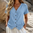 thumbnail image 2 of Ashirexll Short Sleeve Shirts for Women Spring and Summer Color and Linen V-Neck Short Sleeve Button Cardigan Top, 2 of 6