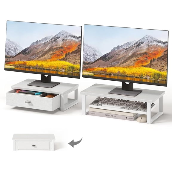 Dual Monitor Stand Riser with Drawers, Desk Organizers for 2 Monitors, Desktop Storage Stand for Computer,Laptop,White