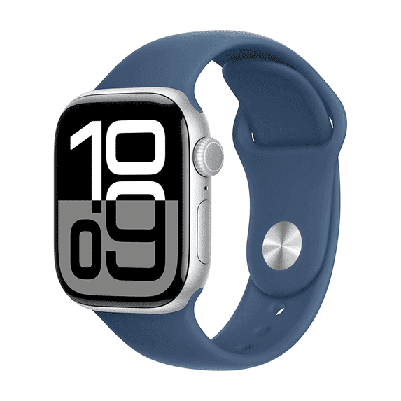 Restored Apple Watch Series 10 GPS + Cellular 42mm Silver Aluminum Case with Denim Sport Band - S/M (Refurbished)