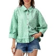 thumbnail image 3 of Women 3/4 Length Sleeve Striped Button Down Shirt Loose Fit Drop Shoulder Trendy Ruffle Hem Striped Blouses Top Green S, 3 of 6