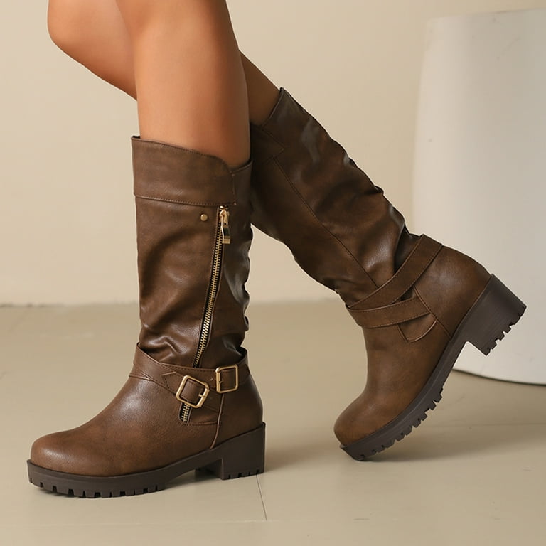 Leozcaa Women's Mid Calf Dress Boots Biker Motorcycle Riding Boots Leather  Comfort Buckle with Side Zipper