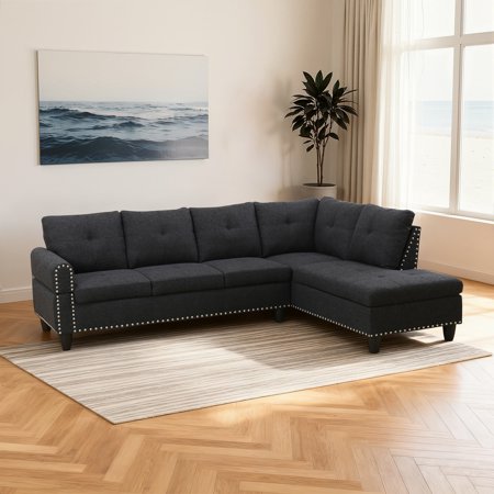 MAYEERTY 97.5" Linen Sectional Sofa, 2-Piece Modular Couch Living Room Sofa Set without Ottoman, Black (Right)