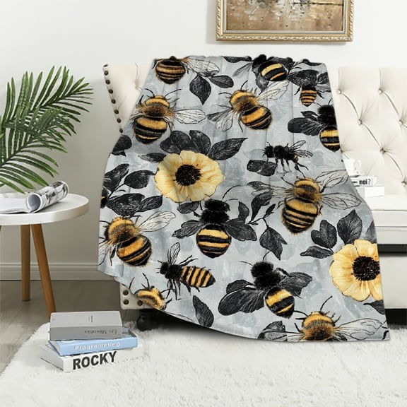 Autua Bee and Floral Throw Blanket,Soft,Lightweight Flannel,Bumblebees and Black & White Flower Blankets - Gifts for Kids Adult Women,for Couch Office Travel,Home Living Room Garden Decor 40x50in