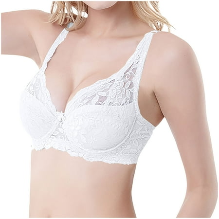 WREESH Womens Lace Bralette Soft Padded Push Up Bras Adjustable Strap Wireless Plunge Bra Comfortable Everyday Bra Underwear White