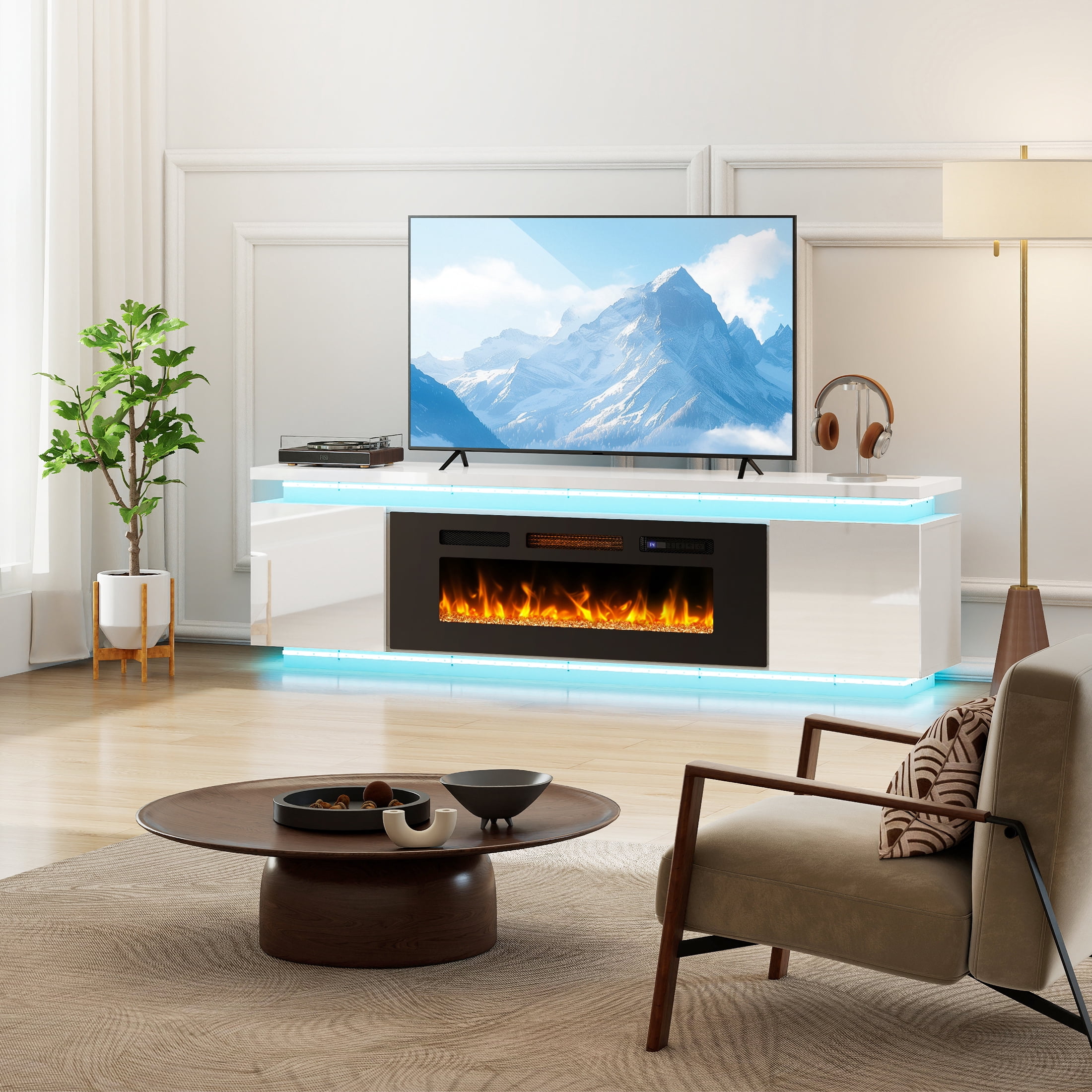 Anrist Electric Fireplace TV Stand for TVs up to 80" with LED Lights & 4 AC Power Outlets, TV console for Living Room, White, Ship in 2 Boxs