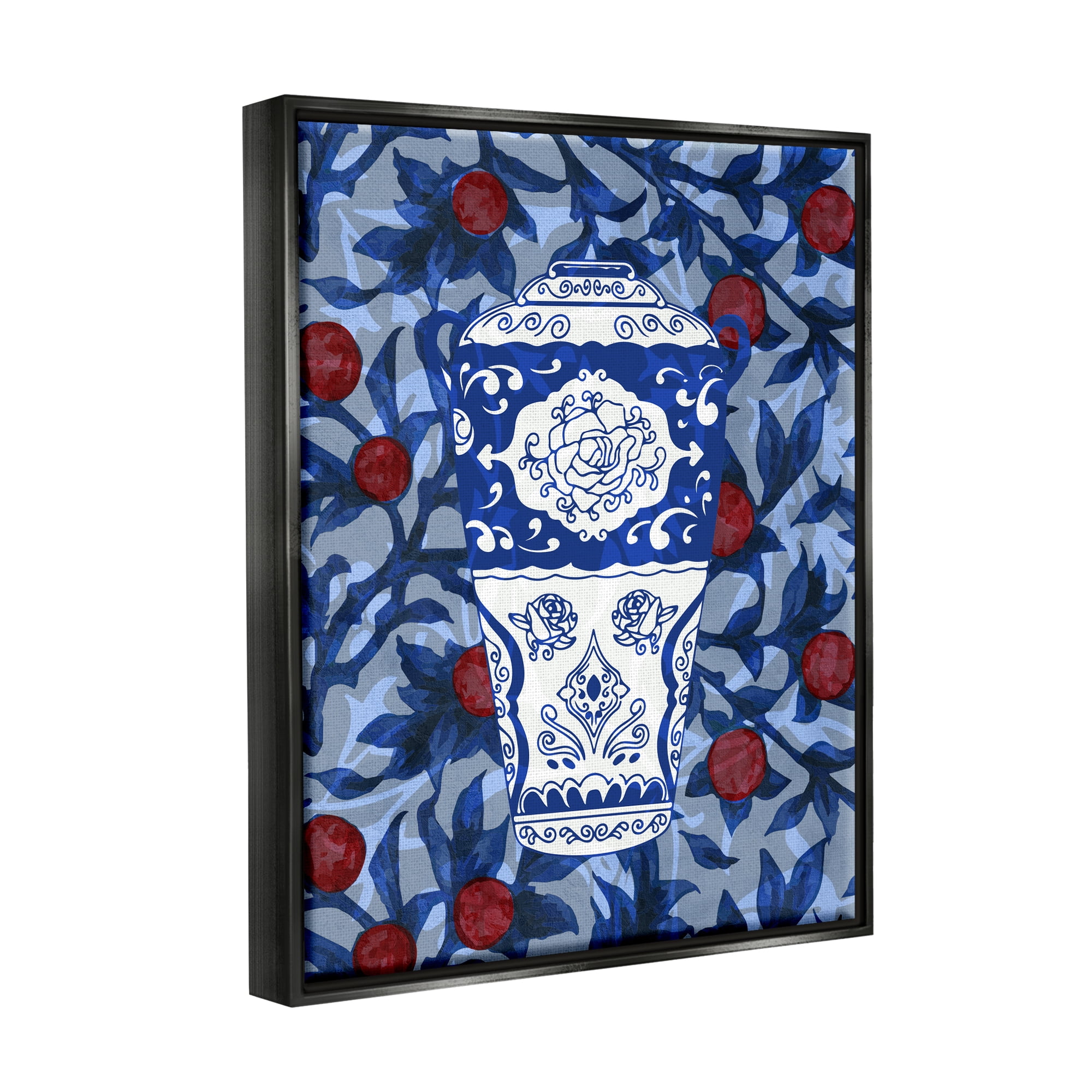 Stupell Industries Ornate Vase Red & Blue Pattern Botanical & Floral Painting Black Floater Framed Art Print Wall Art
