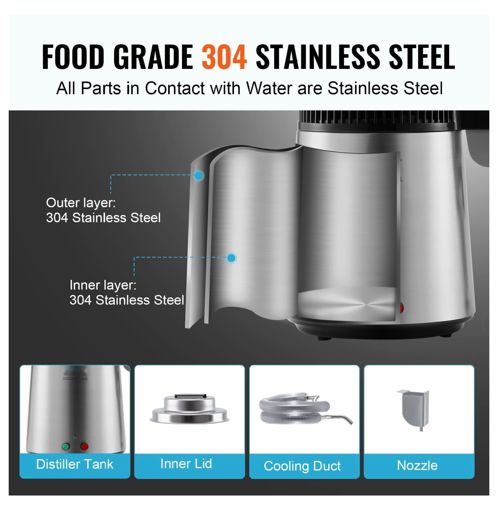 Water Distiller 4L, 750W Stainless Steel Water Purifier for Home Countertop