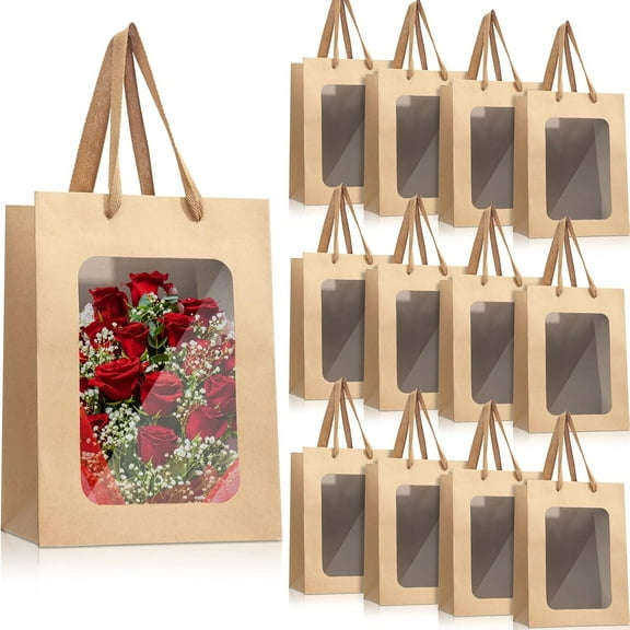 12 Pcs Brown Paper Gift Bags with Transparent Window, 9.84"x7.0"x5.12" Kraft Shopping Bags with Handles for Bouquet Christmas Birthdays Festivals Party Weddings Wrapping