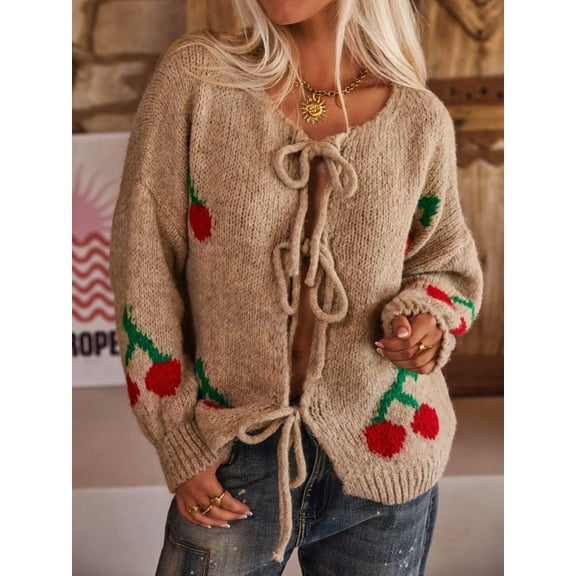Women's Chunky Knit Tie-Front Cardigan with Cherry Pattern - Large, Khaki