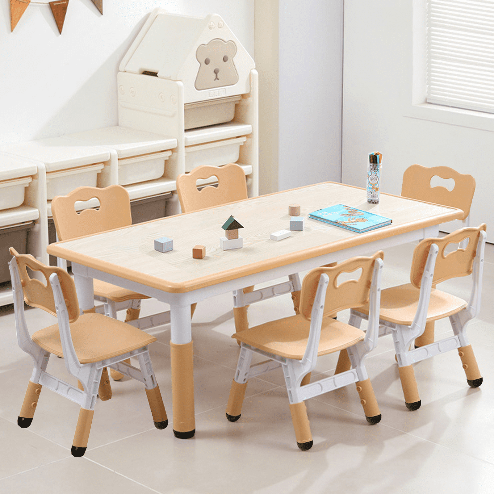 Kids Table and 6 Chairs Set, Height Adjustable Toddler Table and 6 Chair Set for Ages 2-10 for for Crafts and Study, Graffiti Desktop, Non-Slip Legs, Children Activity Table for Daycare, Classroom