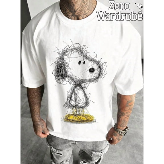 A Men's Short Sleeved T-Shirt With Line Graffiti Snoopy Pattern Print, Comfortable And Breathable, Suitable For Daily Wear In Spring And Summer.