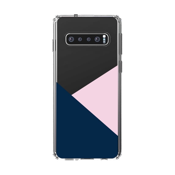 DistinctInk Clear Shockproof Hybrid Case for Samsung Galaxy S10 (6.1" Screen) - TPU Bumper, Acrylic Back, Tempered Glass Screen Protector - Color Block - Navy & Pink
