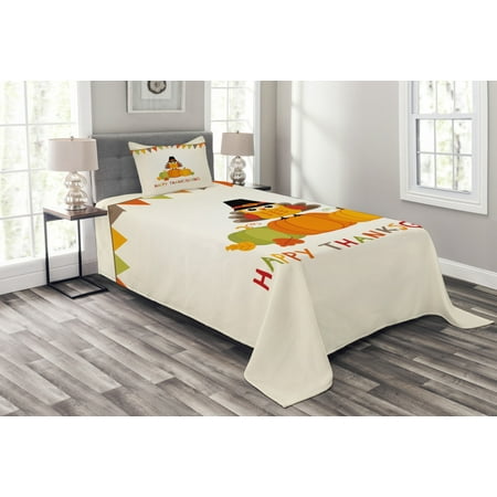 Holiday Quilt Sets Turkey Bedspread Set, Little Bird Sitting on Pumpkins with Pilgrims Hat Festive Autumn Holiday Design, Decorative Quilted Coverlet Set with Pillow Shams Included, Multicolor, by Ambesonne ()