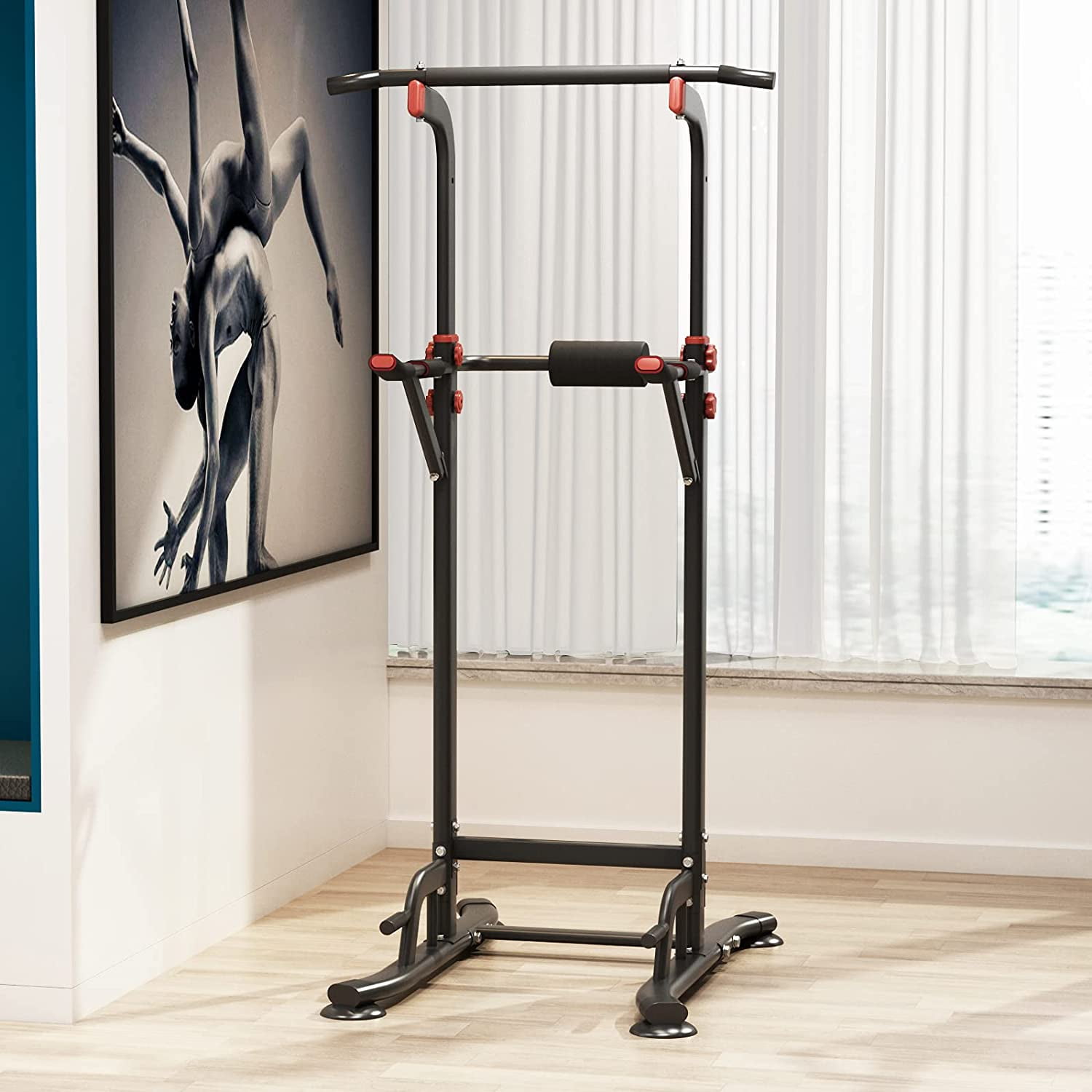 SogesHome Power Tower Pull Up Bar Dip Station Adjustable Height Dip Stand Multi-Functional Strength Training Fitness Workout Station Black 