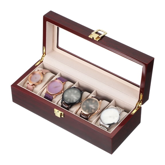 xcell 5 Slot Watch Storage Box, Watch Box for Men with Glass Cover, Wooden Watch Box with Removable Watch Pillow, Red