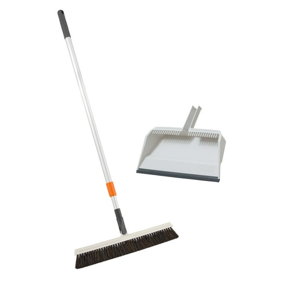 Superio 18" Horse Hair Broom with Telescopic Handle & 16" Plastic Dustpan with Comb and Clip - Floor Cleaning Set for Hardwood & Tile Floors - Gray/White