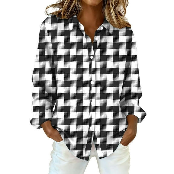 Plaid Shirts for Women Dress Shirt V Neck Loose Fit Blouses Lightweight Spring Blouses Business Dressy Top Plaid Tops for Women Long Sleeve Shirts for Women Cute Soft Plaid Blouse Black S-2XL