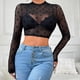 thumbnail image 1 of MHFRRA Camiseta de Manga Larga Sexy y Ajustada para Mujer, Nueva, con Malla Interior Negro, 1 of 7