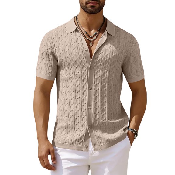 LWavelet Men's Short Sleeve Button Down Shirt, Cable Knit Camp Collar Top for Casual & Streetwear Khaki M
