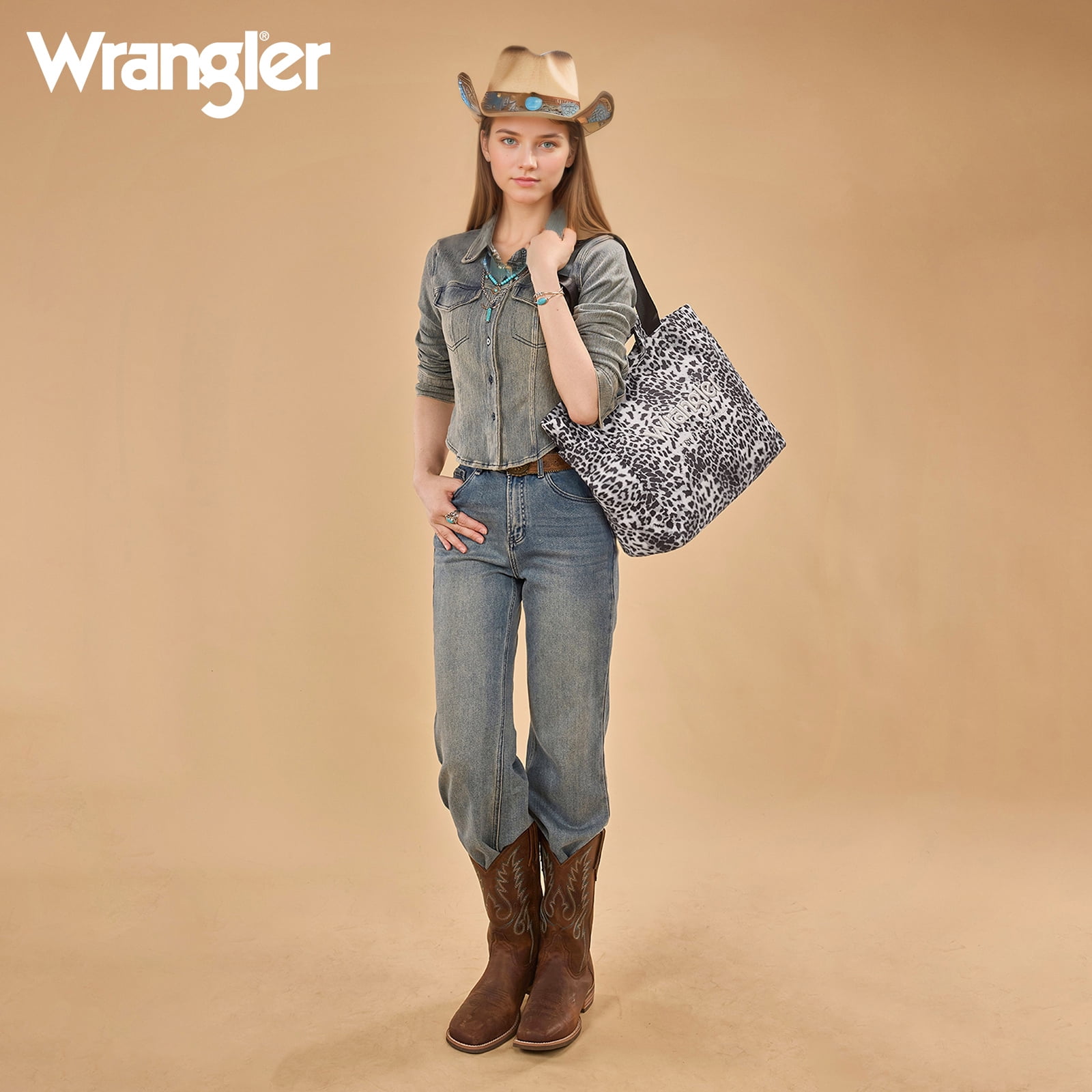 Wrangler Large Tote Bag for Women Designer Leopard Print Purse for Travel Work Gym, Black