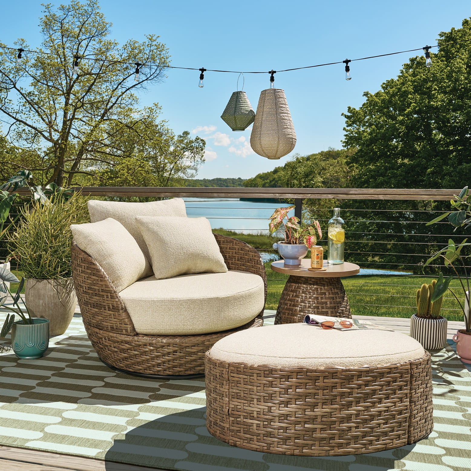 Beautiful Wicker Outdoor Reversible-Top Storage Ottoman/Coffee Table & Cover by Drew Barrymore, Brown/Porcini