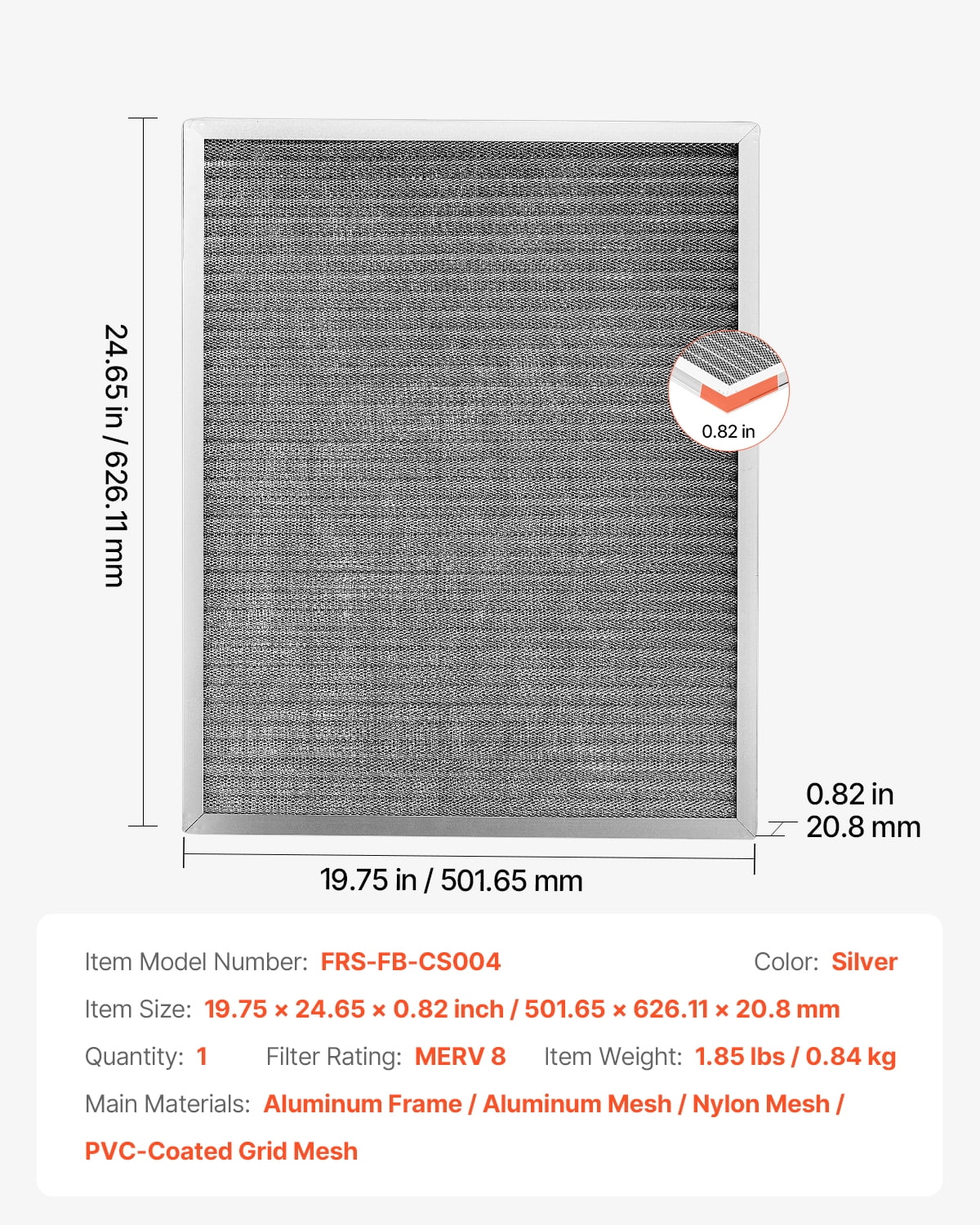 VEVOR Electrostatic Air Filter, 20x25x1 inch Washable & Reusable Aluminum AC/HVAC Furnace Filter, MERV 8 Long Lifetime, Home or Office (Actual Size: 19.75 x 24.65 x 0.82 in)