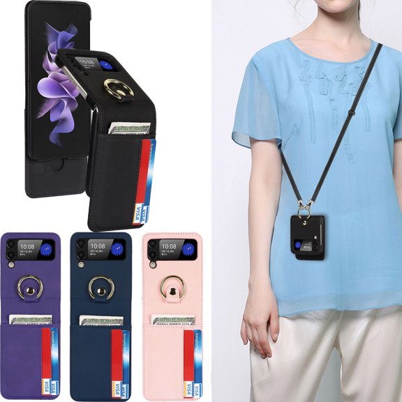 Crossbody Case For Samsung Galaxy Z Flip 3 5G Case Card Slot PU Leather Ring Holder Strap Case Cover