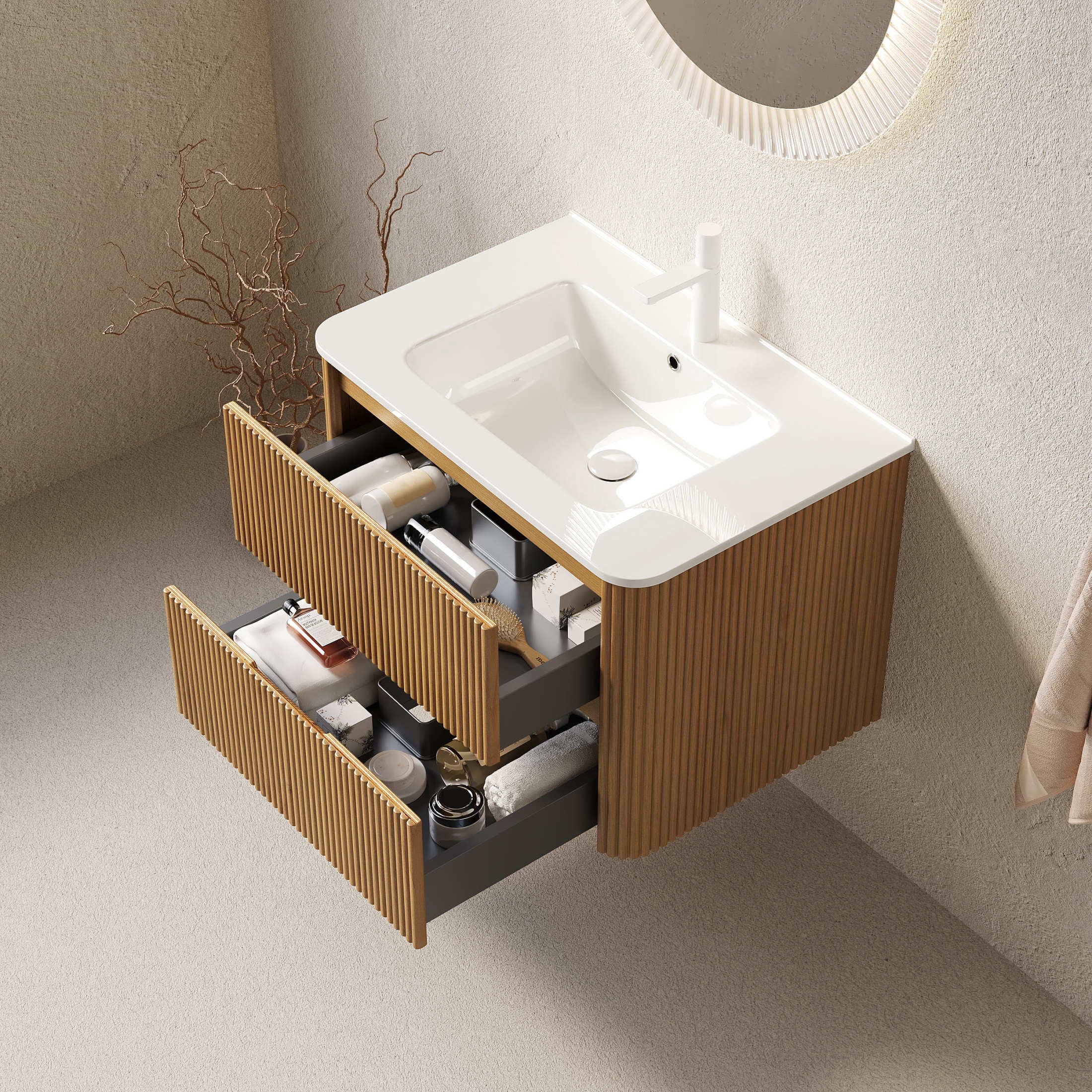 Noble House Noor 30" Floating Bathroom Vanity with Seamless Ceramic Basin, Retro Soft-Close Drawers, Oak