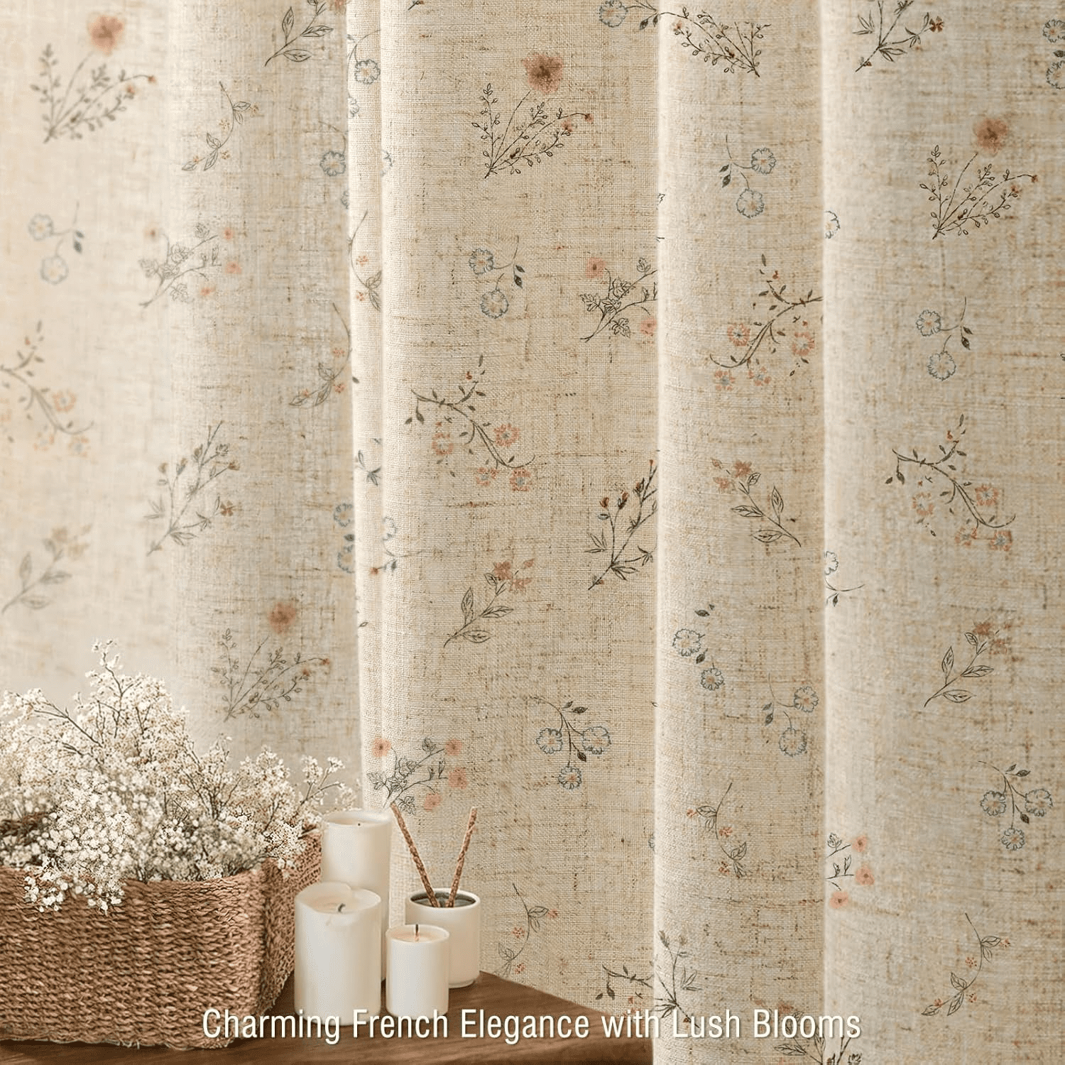 Psoiuetr Beige Linen Shower Curtain Floral Vintage French Country Shower Curtain for Bathroom 72" W x 72" L