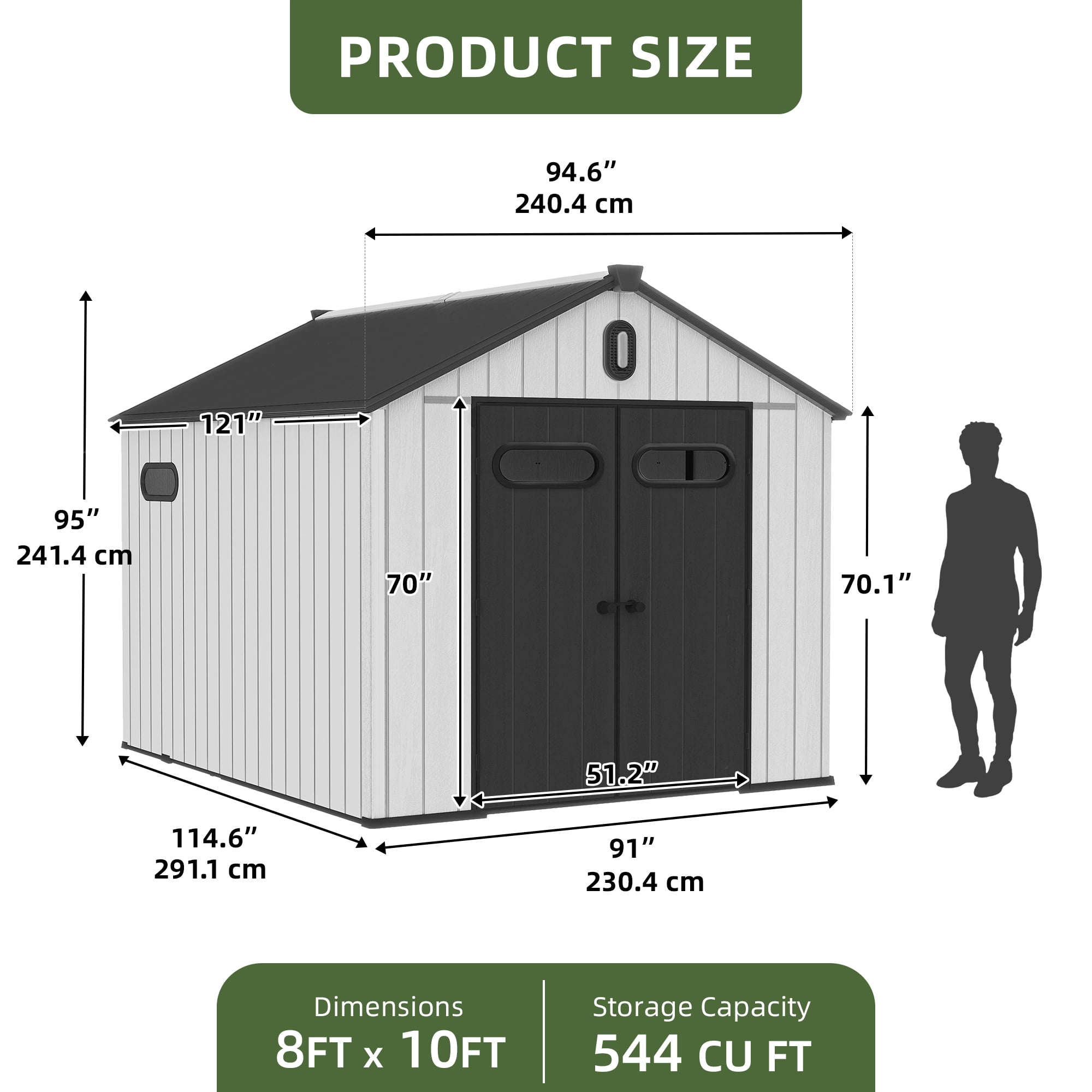 Uforic 8x10ft Outdoor Resin Storage Shed with Floor, 544 cuft Garden Shed with Lockable Door, Windows & Vents, Plastic Tool Storage, Waterproof