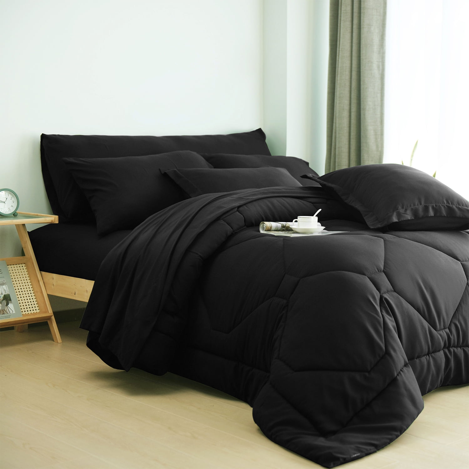 HIG 8 PCS Modern Comforter Set All Season Bed in a Bag, Black, Queen Size