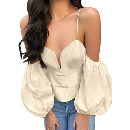 

Pudcoco Women Off Shoulder V Neck Crop Tops Lantern Sleeve Bustier Short Blouses