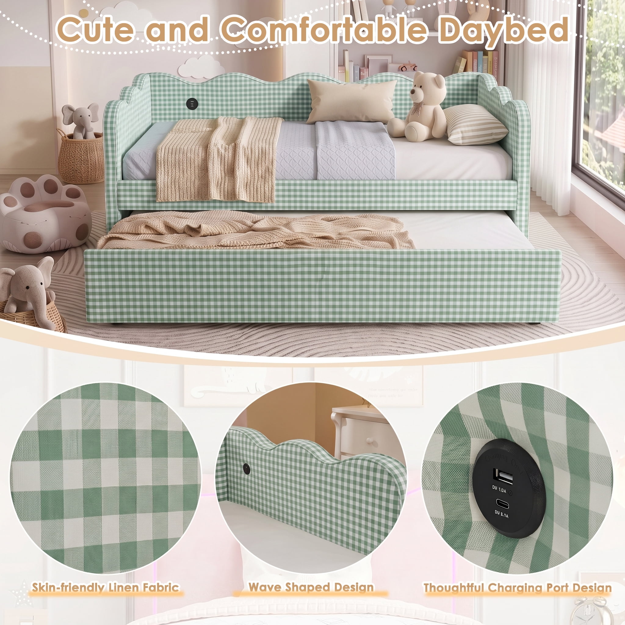 avobird Cozy Gingham Daybed with Trundle Queen Size Sofa Bed for Living Room, Sleeper Sofa with USB Port and Adorable Wave Shaped, Linen Fabric, Cyan