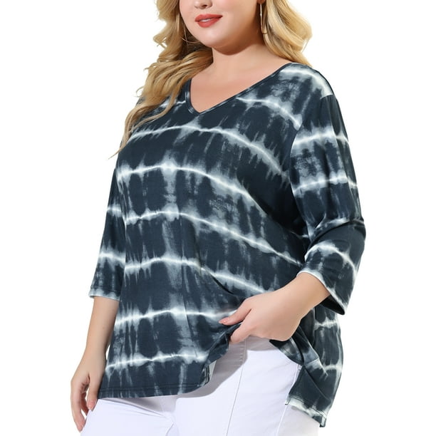 Women's Plus Size T-shirt Tye Dye Side Slit 3/4 Sleeve Stripe Top Grey 2X