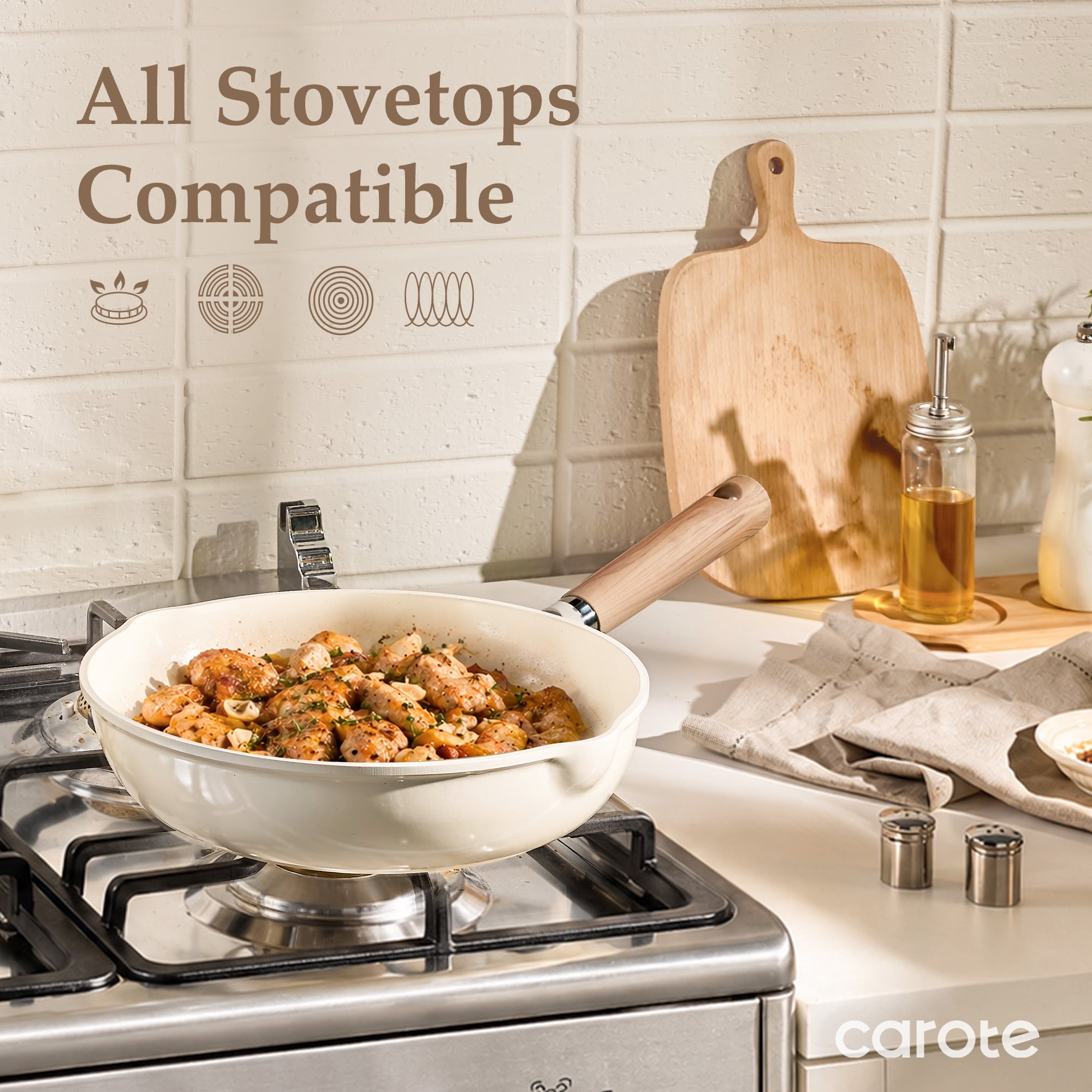 Carote Ceramic Nonstick Frying Pan 8" Skillet with Induction, Egg Omelet Pan Compatible for All Stoves, Bon Appetit, White Granite