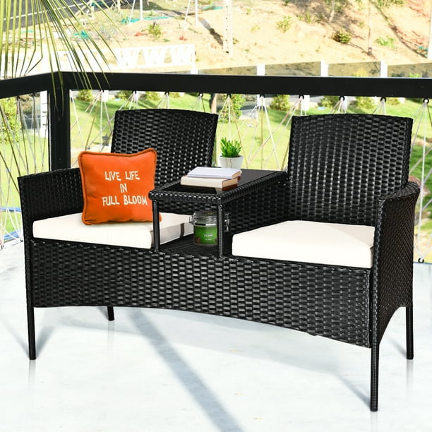 Costway Patio Rattan Loveseat Table Chairs Set Seat Sofa Conversation Cushioned Com - Home Cube 4 Seater Rattan Effect Patio Set Black 459
