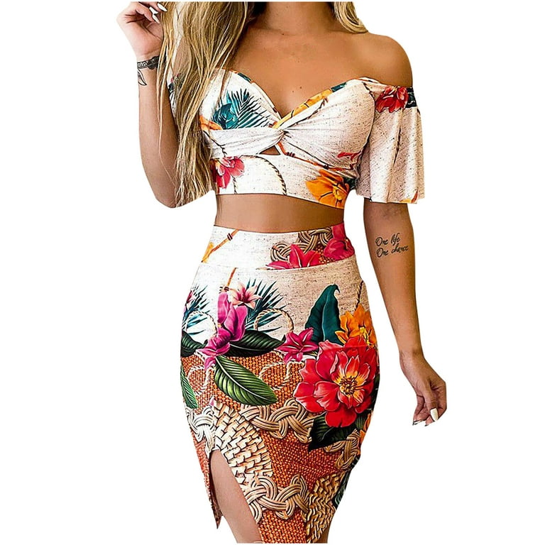 VEKDONE 2023 Clearance Elegant Hawaiian Dress Set for Women Off Shoulder  Crop Top Midi Pencil Skirt with Ruffles Short Sleeve Sets, Summer Casual  Swimsuit for Women for Vacation 