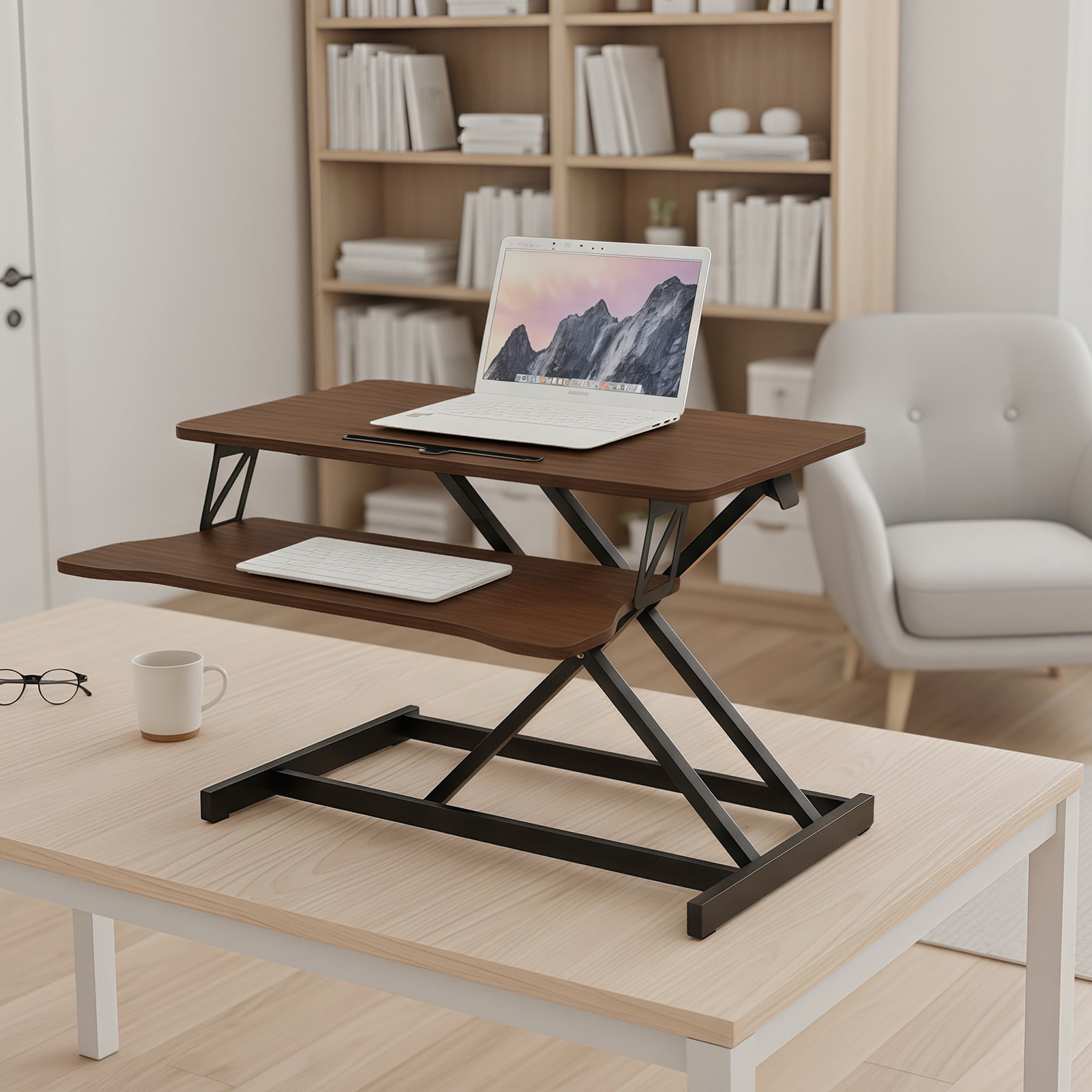 Standing Desk Converter, 32 Inch Standing Desk Adjustable Height for Table Tops and Home Office, Desk Riser Computer Workstation with Wide Keyboard Tray 2-Tier Desktop, Walnut Color