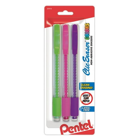 Pentel Clic Erasers, Assorted Colors, 3/Pkg.