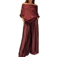 thumbnail image 2 of Women's Off Shoulder Satin Two Piece Set, Elegant Crop Top and Wide Leg Pants, Tie Waist Casual Set, Evening Outfit, Beach Party Jumpsuit Alternative Brick Red XXXL, 2 of 6