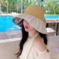 thumbnail image 4 of CSChome Sun Hat Ruffle Wide Brim Hat Knitting Empty Dome Bowknot Decor Embossing Process Women Patchwork Color Travel Bucket Hat Fashion, 4 of 7