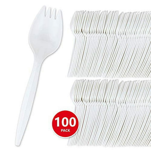 Stock Your Home 100 Disposable Sporks, White Plastic Sporks – Kid Safe 2 in 1 Utensils – Fork Spoon Perfect for School Lunch, Picnics, Catered Events, Restaurants and Kids Birthday Parties