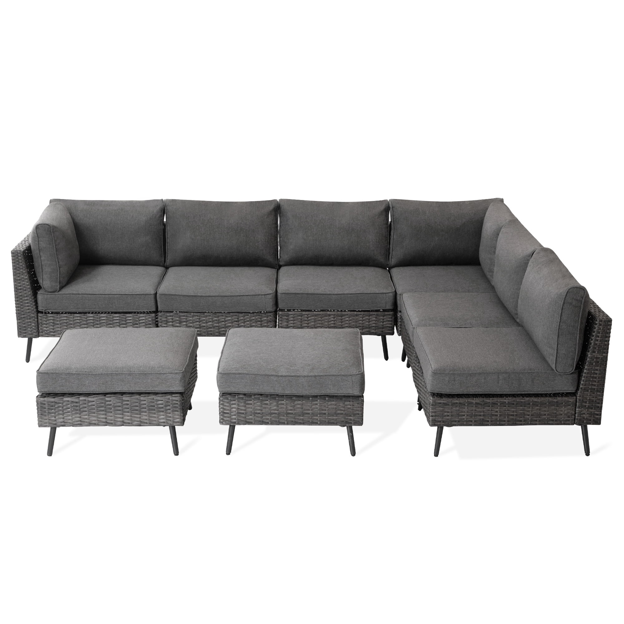 LAUSAINT HOME 8 Pieces Outdoor Furniture Set, Patio Rattan Wicker Sectionals with 6 Chairs and 2 Ottomans, Gray Cushions