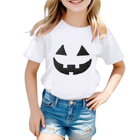 Kiijoy Toddler Girls Halloween Pumpkin Tee Kids Short Sleeve Casual T-Shirt Sizes 4-5