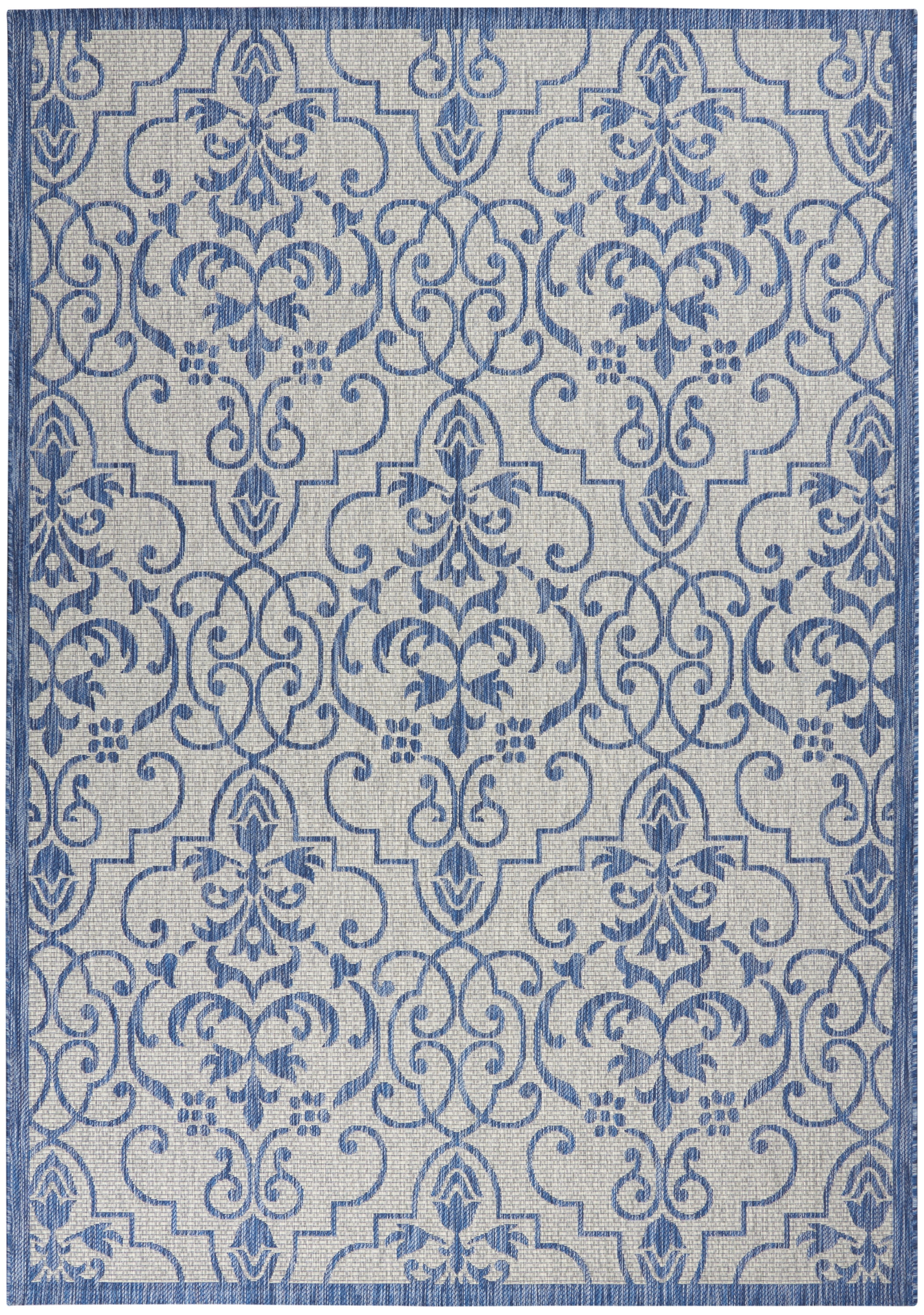 Nourison Garden Party Indoor/Outdoor Transitional Damask Ivory/Blue 7' x 10' Area Rug, (7' x 10')